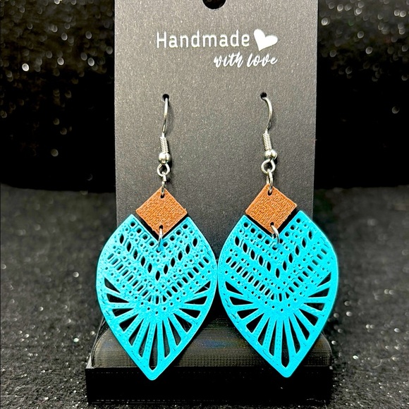 Turquoise and Brown Geometric Earrings - Picture 1 of 4
